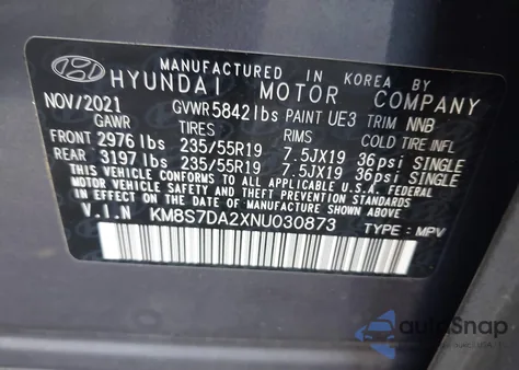 2022 Hyundai Santa Fe Plug-In Hybrid Limited из США, поврежденный, VIN KM8S7DA2XNU030873